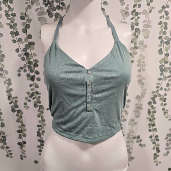 KORAL Ribbed Halter Crop Tank Top Size S NWT | Sage Green Button Front Brami - Picture 4 of 11